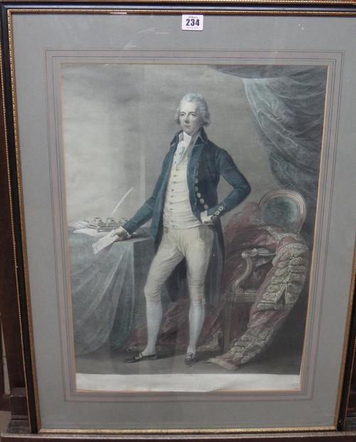 After Gainsborough, The Right Hon. William Pitt, engraving with hand colouring, 58cm x 40cm.  G9