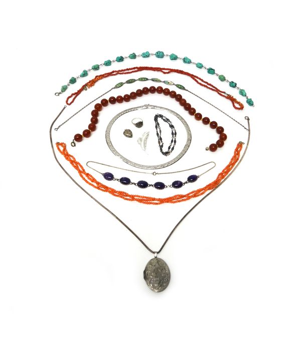 Two coral necklaces, a turquoise matrix bead necklace, another bead necklace and a group of mostly silver jewelry, comprising; a collar necklace on a