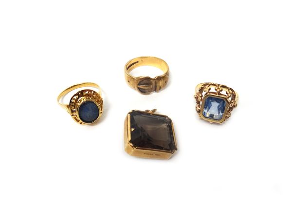 A gold ring, mounted with an oval opal doublet within a pierced border, a gold and blue paste set solitaire ring, detailed '585', a 9ct gold mounted r