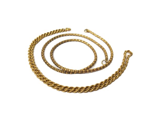 A 9 ct gold rope twist link neckchain on a boltring clasp and a 9 ct gold multiple link neckchain on a bolt ring clasp, combined weight 15 gms. (2)