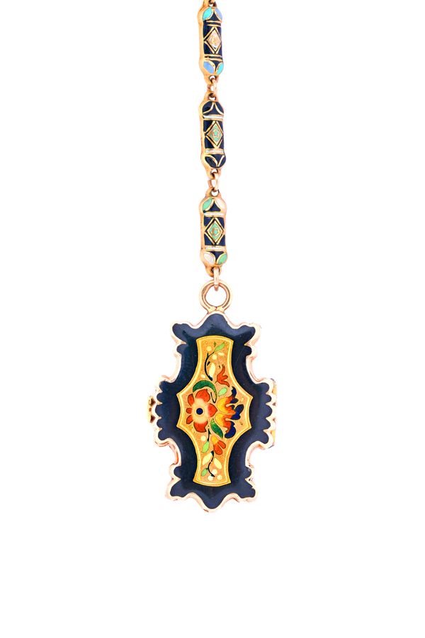 A gold and enamelled pendant vinaigrette, probably Continental mid 19th century, with a pierced and engraved hinged grille, the exterior with floral e