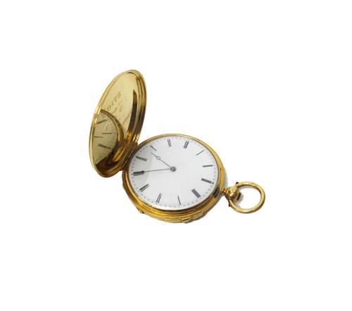 A lady's gold cased, key wind, hunting cased, quarter repeating fob watch, the unsigned jewelled cylinder movement repeating on a coil, gold inner cas