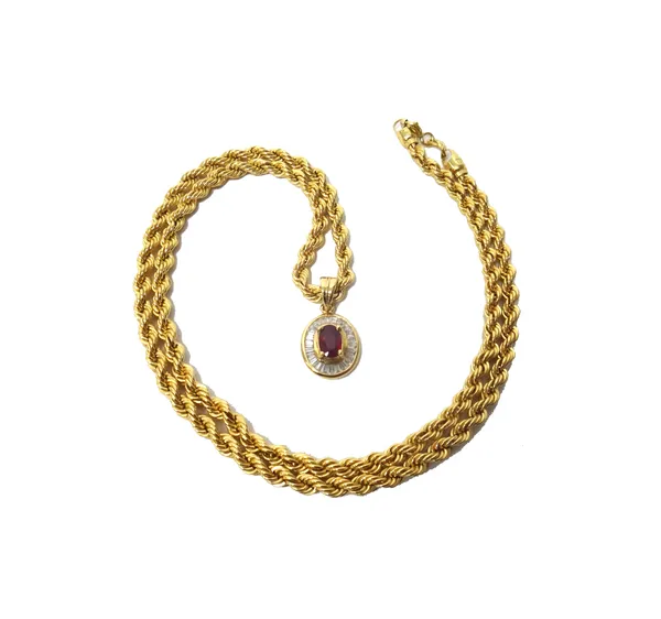 A gold, ruby and diamond set oval pendant, claw set with the oval cut ruby at the centre in a surround of calibre cut diamonds, detailed K 18 on a gol