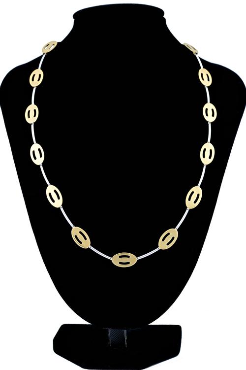 A two colour gold necklace, in a curved bar and abstract pierced oval link design, on a snap clasp, detailed 750, weight 19.2 gms.