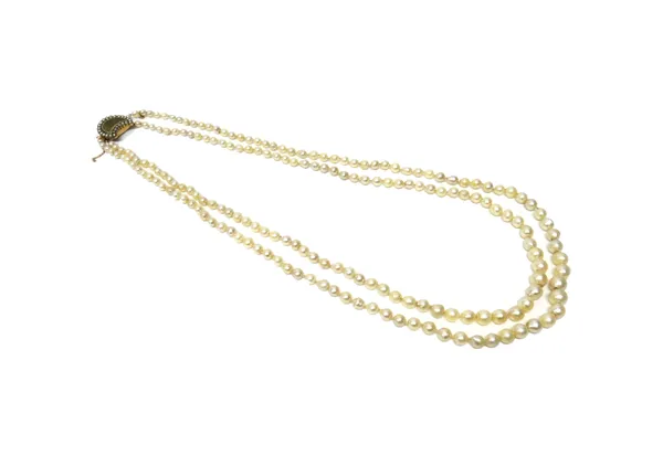 A two row necklace of graduated cultured pearls, on a gold clasp, glazed with a woven hair locket compartment to the centre, within a surround of half