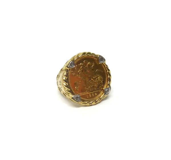 A 9ct gold ring, mounted with an Elizabeth II half sovereign 1982, the setting mounted with four small diamonds at intervals, gross weight 8.5 gms, ri