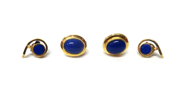 A pair of 18ct gold and lapis lazuli single stone earstuds, each mounted with an oval cabochon lapis lazuli, the backs with post and butterfly clip fi