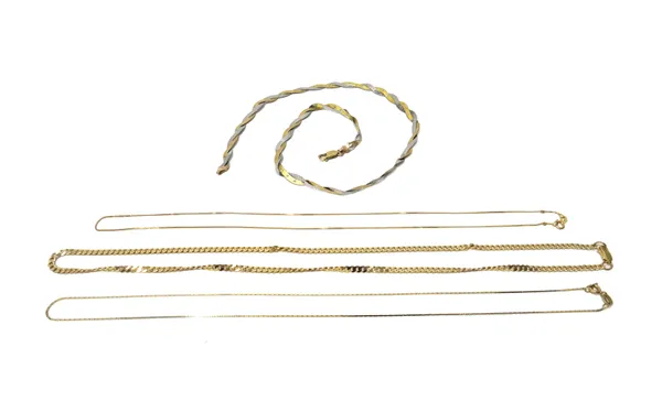 A gold fine link neckchain, detailed 14 KT, on a boltring clasp, weight 1.7 gms and three 9ct gold necklaces and neckchains, in a variety of designs,