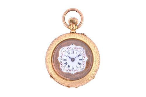A gold cased and black enamelled keyless wind, openfaced lady's fob watch, with an unsigned gilt jewelled cylinder movement, gilt metal inner case, th