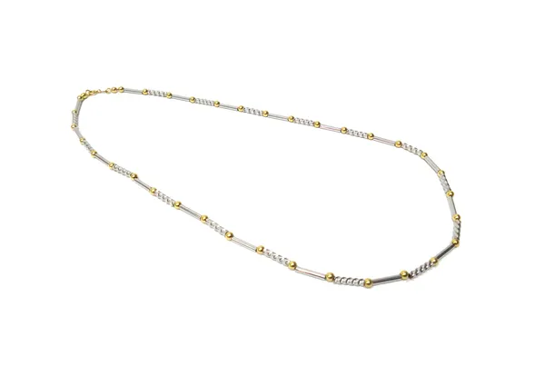 A two colour gold necklace, in a bead and tubular link design, detailed 750, on a boltring clasp, weight 12.8 gms.