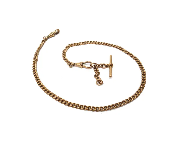 A 9ct gold uniform curb link watch Albert chain, fitted with two 9ct gold swivels and a 9ct gold T bar, weight 25.2 gms.