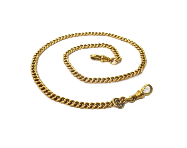 An 18ct gold uniform curb link watch Albert chain, fitted with two 18ct gold swivels and with a central sliding gilt metal ring, gross weight 32.4 gms