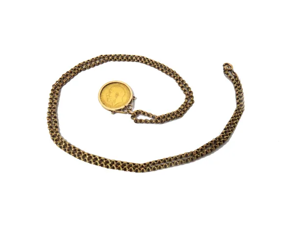 A George V sovereign, 1925 SA, in a 9ct gold pendant mount, fitted to a gold twin circular link neckchain, on a gilt metal boltring clasp, combined gr