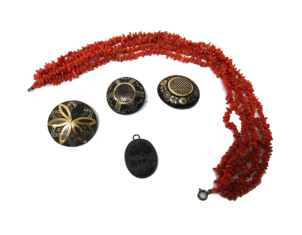 A five row necklace of branch corals, three Victorian pique tortoiseshell set circular brooches, in a variety of designs and a Victorian pendant mourn