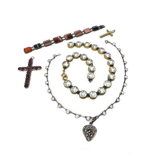 A vary coloured agate set bracelet, in a rectangular panel shaped link design, a mauve and colourless paste set pendant cross, detailed 800, a mother