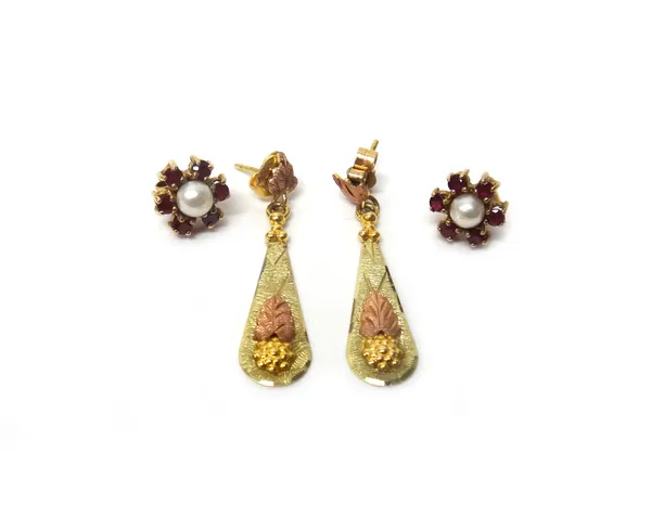A pair of 9ct gold, ruby and cultured pearl cluster earstuds, the backs with post and butterfly clip fittings and a pair of two colour gold pendant ea