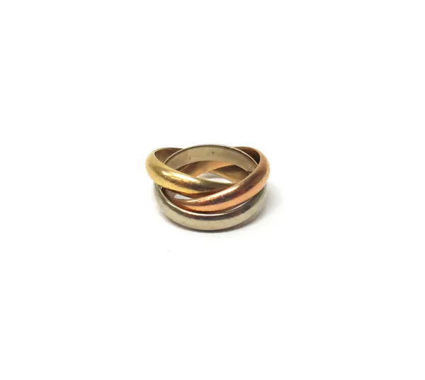 A Cartier three colour gold triple band Russian style wedding ring, detailed Cartier 750, ring size H, weight 11.6 gms.   BC31