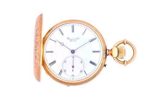 A gold cased and black enamelled keyless wind, hunting cased fob watch, with a jewelled lever movement, the gold inner case and the enamelled dial det