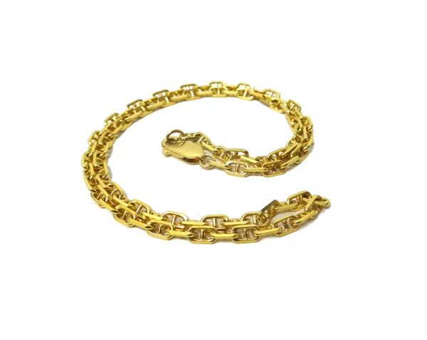 A gold neckchain, in a faceted oval and bar link design, on a sprung hook shaped clasp, detailed 750, weight 17.1 gms.