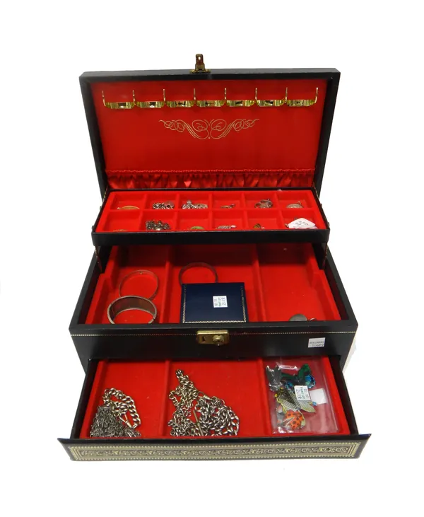 A collection of silver and other jewellery, comprising; three bangles, five pendants and lockets, various pendants, Albert chains, pendant necklaces,
