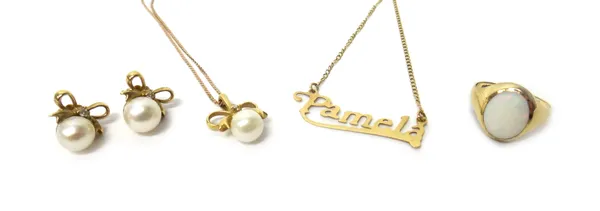 A 9ct gold and cultured pearl pendant with a bow surmount, on a 9ct gold neckchain, a pair of 9ct gold and cultured pearl ear studs in a matching desi