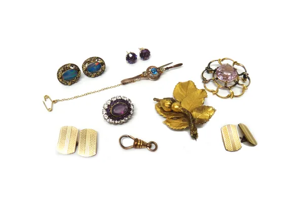 A pair of gold and amethyst single stone ear studs, the backs with post and butterfly clip fittings, a pair of opal doublet set oval ear studs, the ba