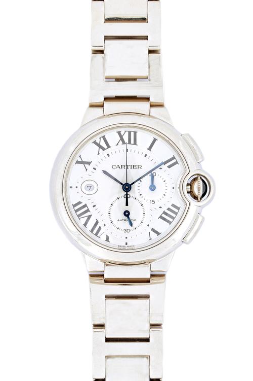 Cartier; A large 18ct white gold automatic chronograph gentleman's Ballon Bleu wristwatch, case no. 91360PX, 3195, cal. 8101MC automatic movement, 33