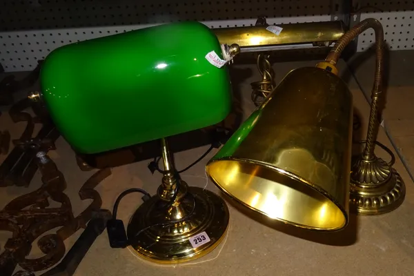 A 20th century brass and glass reading lamp with two further brass examples, (3).  S4