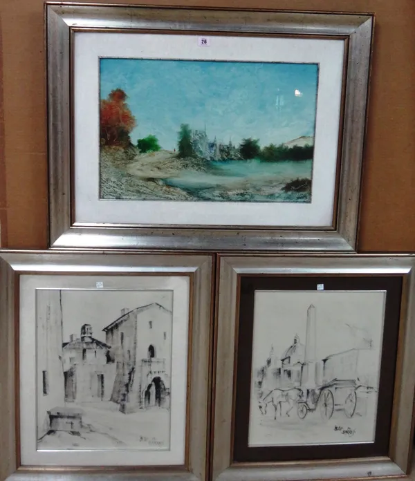 Etter Leoworth? (20th century), Il Costello, oil on canvas, indistinctly signed, 39cm x 58cm; together with a pair of monochrome street scenes.(3)  K1