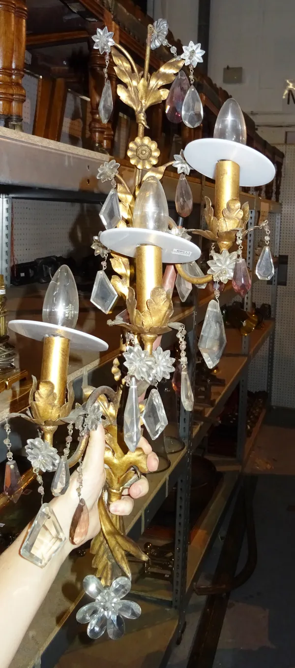 A pair of 20th century gilt metal and glass three branch wall lights, (2).  S4