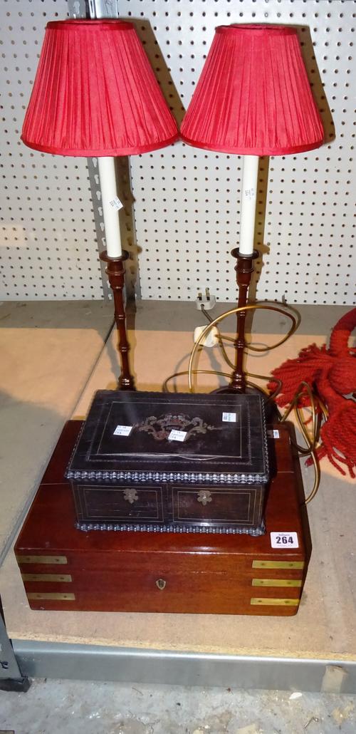 A 19th century mahogany brass bound writing slope, an ebony brass strung jewellery box and a pair of mahogany table lamps, (4)  S4