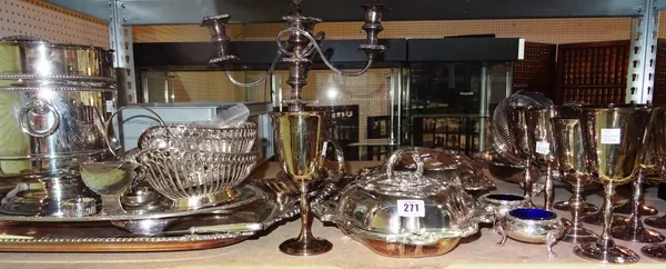Silver plated wares, including; trays, dishes, claret jugs, candelabra, cutlery and sundry, (qty).  S1