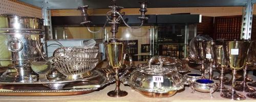 Silver plated wares, including; trays, dishes, claret jugs, candelabra, cutlery and sundry, (qty).  S1