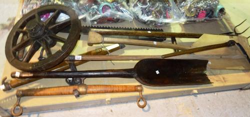 Agricultural interest, comprising; early 20th century farming tools, spades, scythes, saws and sundry, (qty).  S3
