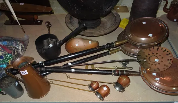 Copper and brass ware including; bed warming pans, jugs, cast iron plaques and sundry, (qty).  S2