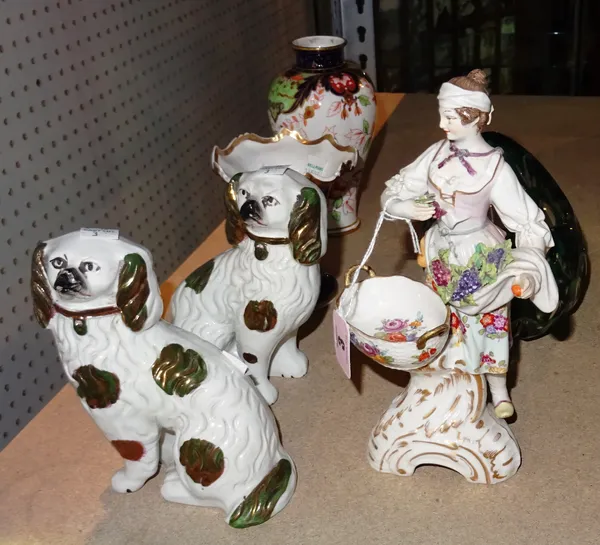 Ceramics, including; a Royal Crown Derby vase, two 19th century Staffordshire miniature spaniels, a German porcelain figure of a woman, a Bohemian fla
