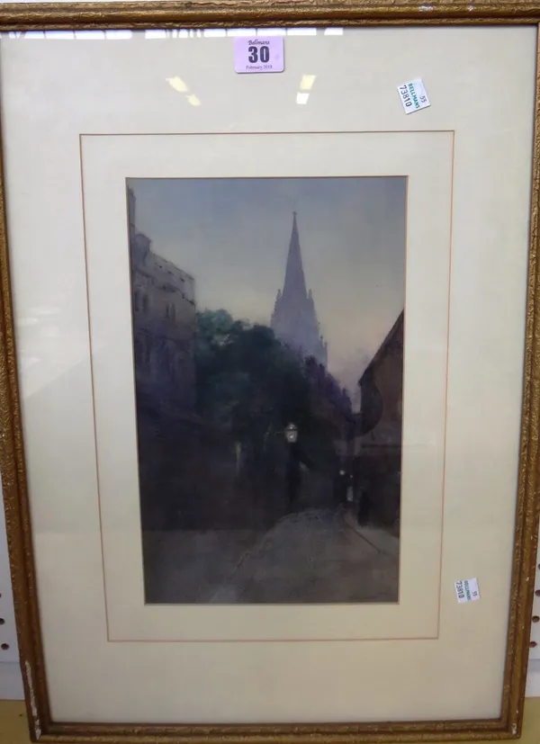 Attributed to Albert Goodwin (1845-1932), Gas lit street scene at dusk, watercolour, bears a signature, 30.5cm x 18cm.  K1