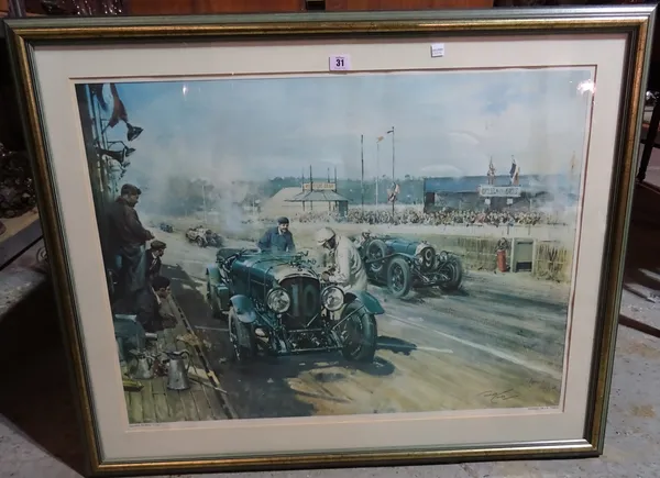 Terence Cuneo, 20th century print 'Bentleys at Le Mans', framed 99cm wide x 80cm high. DDS