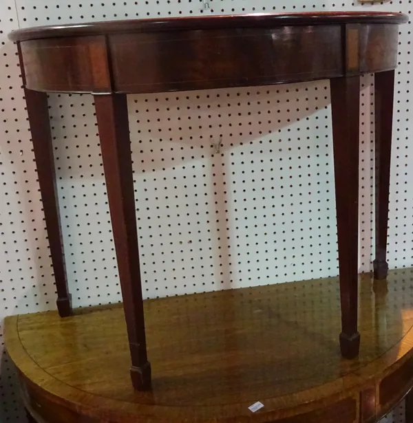 A George III style mahogany demi-lune side table on tapering supports, 91cm wide x 72cm high.  A6