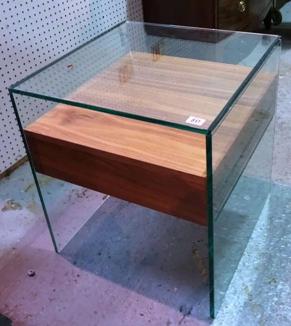 A late 20th century hardwood and glass occasional table with floating glass top and single drawer, 50cm wide x 56cm high.  C9