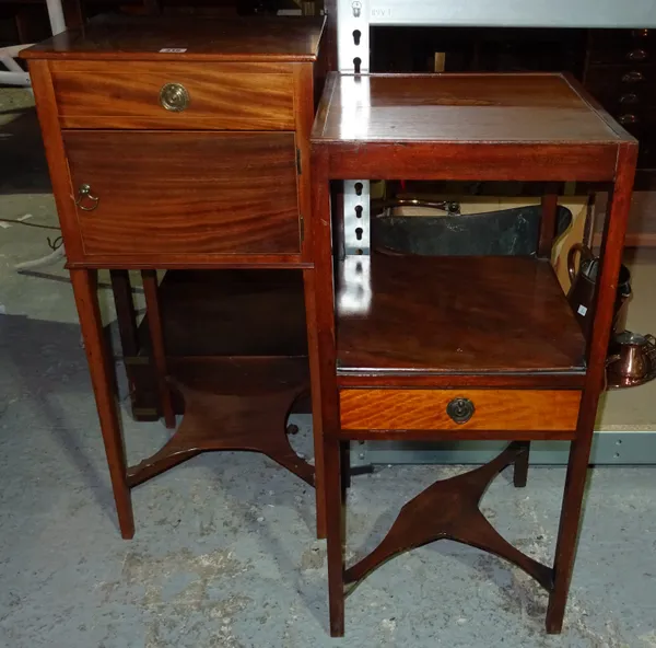 A 19th century mahogany pot cupboard, 37cm wide x 80cm high and an Edwardian mahogany two tier what-not with single drawer, 34cm wide x 76cm high.  I3