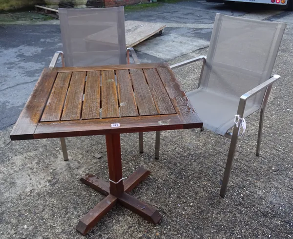 'Indian Ocean Trading Company'; A hardwood square garden table, 71cm wide x 71cm high, with two metal and hardwood open armchairs, (3).  OUT