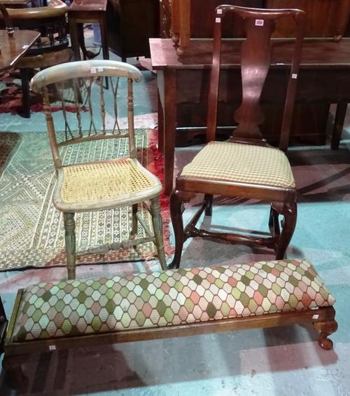 A Queen Anne walnut vase back dining chair, a 20th century rectangular footstool and a 20th century painted spindle back chair, (3).  J7