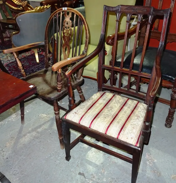 A Victorian mahogany open armchair together with two ash and elm wheel back open armchairs.  G3