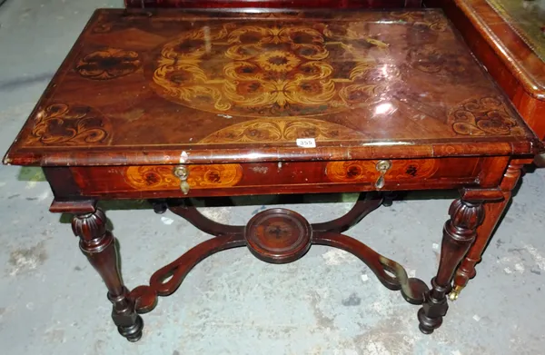 A William and Mary style mahogany and marquetry inlaid side table, with single drawer, 94cm wide x 72cm high.  G4