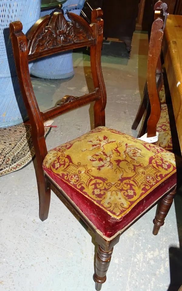 A set of six late Victorian style mahogany dining chairs, on ring turned tapering supports, (6).  J7