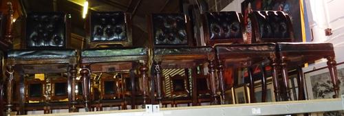'Hunter', a set of seven Victorian mahogany dining chairs, with button back black leather upholstery, (7).  I3