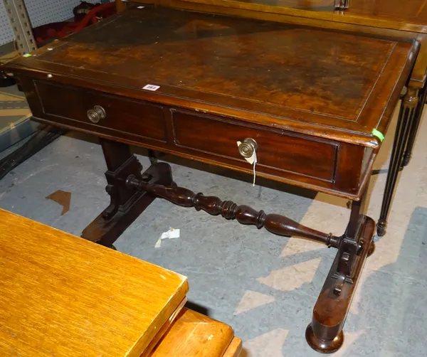 An early Victorian mahogany two drawer writing table, with two drawers, on dual end supports united by turned stretcher, 89cm wide x 73cm high.  K2