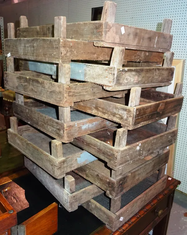 A quantity of early 20th century pine apple racks, 76cm wide x 16cm high, (11).  G2