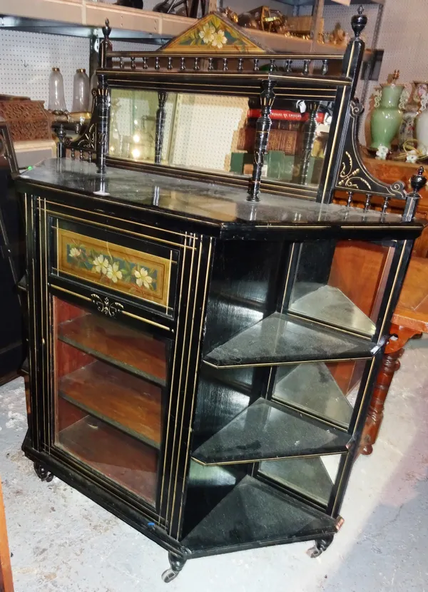 A Victorian ebonised Aesthetic Movement side cabinet, with painted panels and mirrored back, 112cm wide x 129cm high.  K4